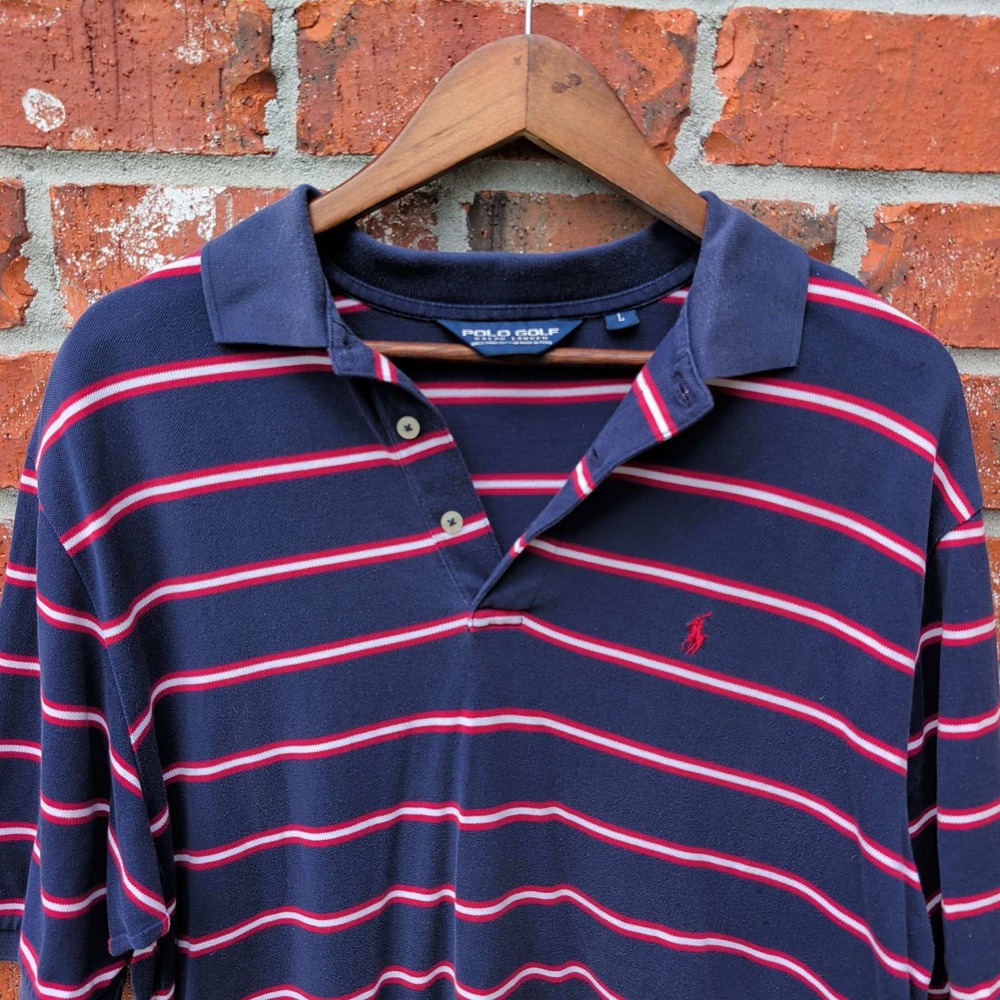 Polo Golf Ralph Lauren Polo Shirt Mens L Navy Blue Striped Pima Cotton Short Slv